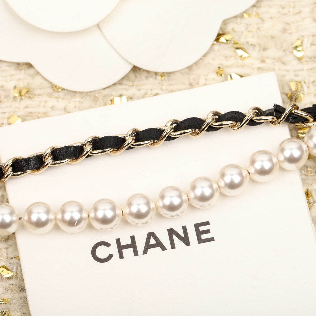Chanel Pearls and Leather Straps Gold Necklace Type 2